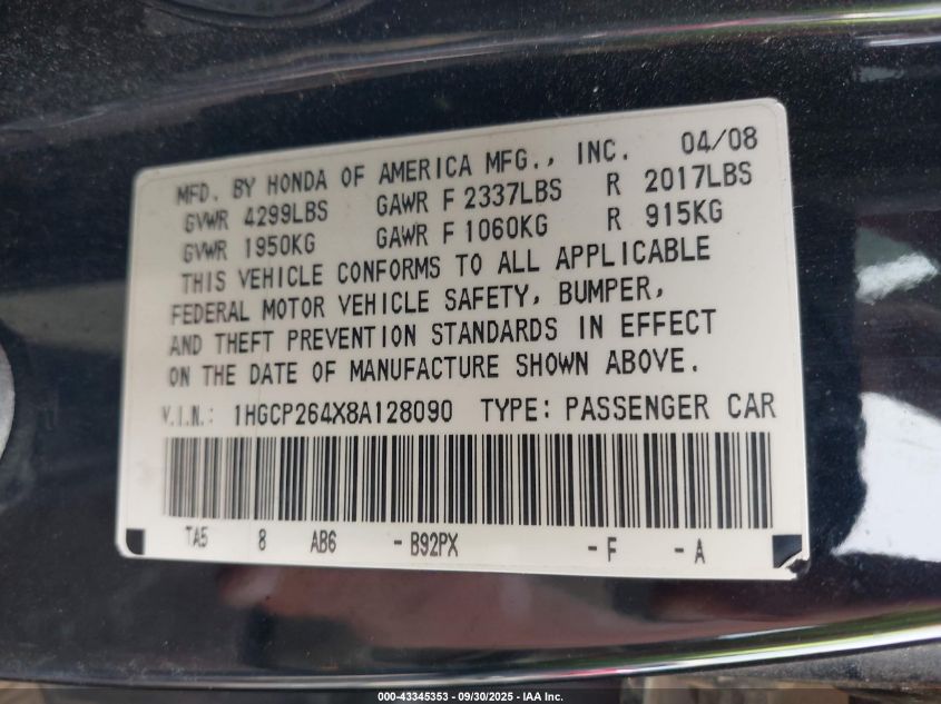 2008 Honda Accord 2.4 Lx-P VIN: 1HGCP264X8A128090 Lot: 43345353