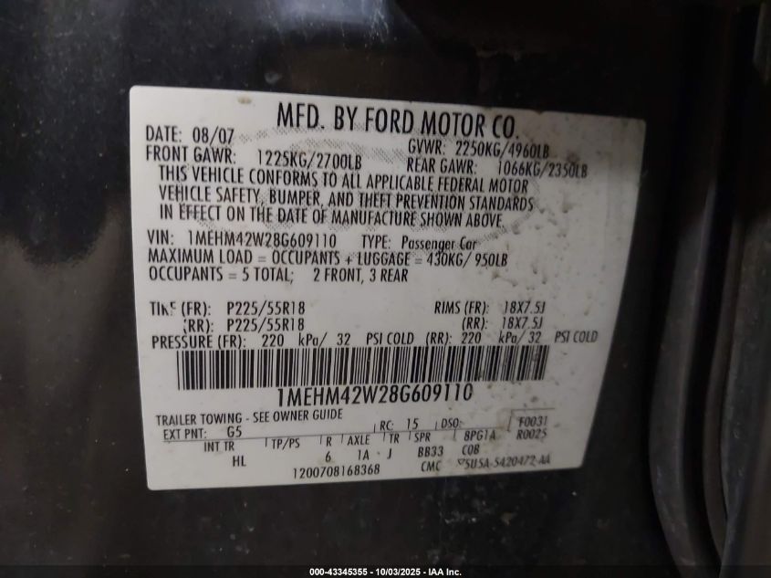 2008 Mercury Sable Premier VIN: 1MEHM42W28G609110 Lot: 43345355