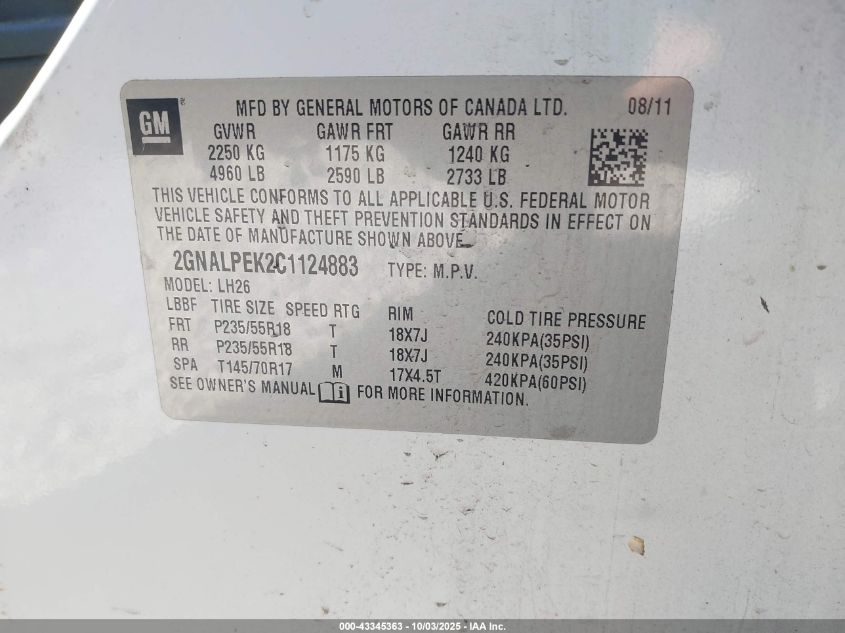 2012 Chevrolet Equinox 2Lt VIN: 2GNALPEK2C1124883 Lot: 43345363