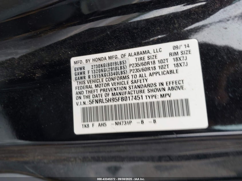 2015 HONDA ODYSSEY TOURING/TOURING ELITE - 5FNRL5H95FB017451