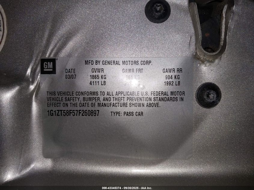 2007 Chevrolet Malibu Lt VIN: 1G1ZT58F57F260897 Lot: 43345374