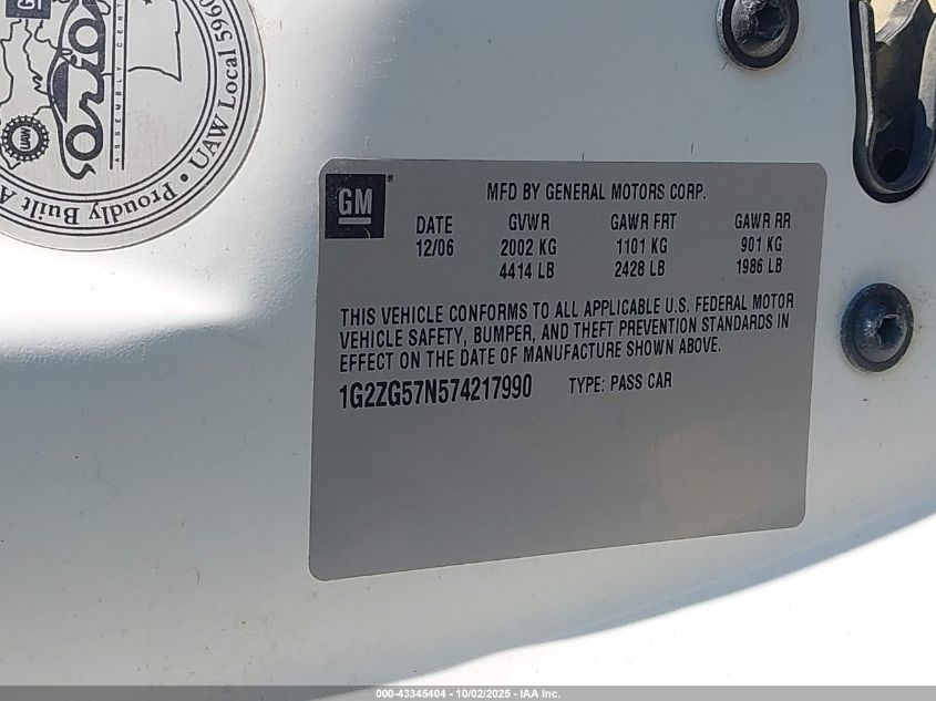2007 Pontiac G6 VIN: 1G2ZG57N574217990 Lot: 43345404