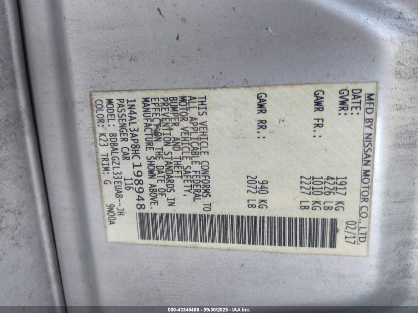 2017 Nissan Altima 2.5 S VIN: 1N4AL3AP8HC198948 Lot: 43345406