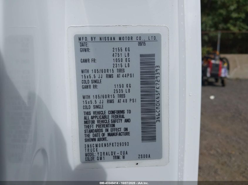 2015 Nissan Nv200 S VIN: 3N6CM0KN5FK729393 Lot: 43345414