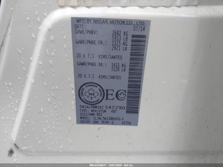 2014 Infiniti Qx60 VIN: 5N1AL0MM3EC547290 Lot: 43345417