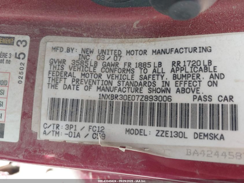 2007 Toyota Corolla S VIN: 1NXBR30E07Z893006 Lot: 43345424