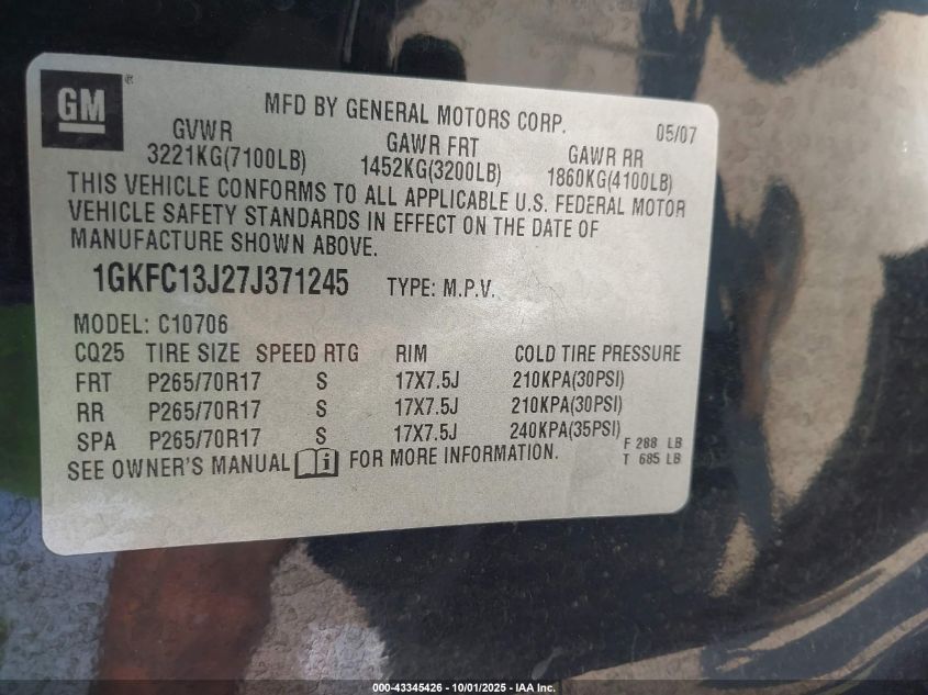 2007 GMC Yukon Slt VIN: 1GKFC13J27J371245 Lot: 43345426