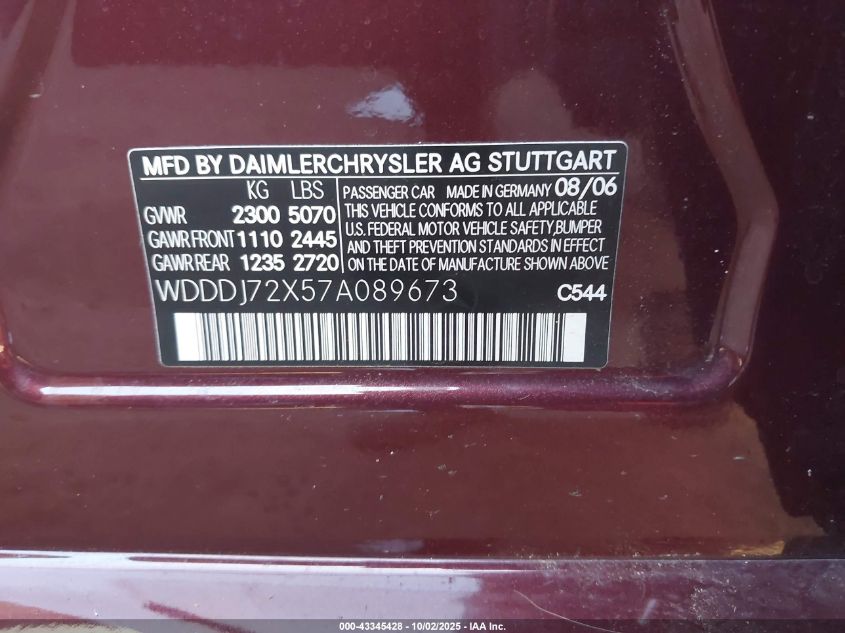 2007 Mercedes-Benz Cls 550 VIN: WDDDJ72X57A089673 Lot: 43345428