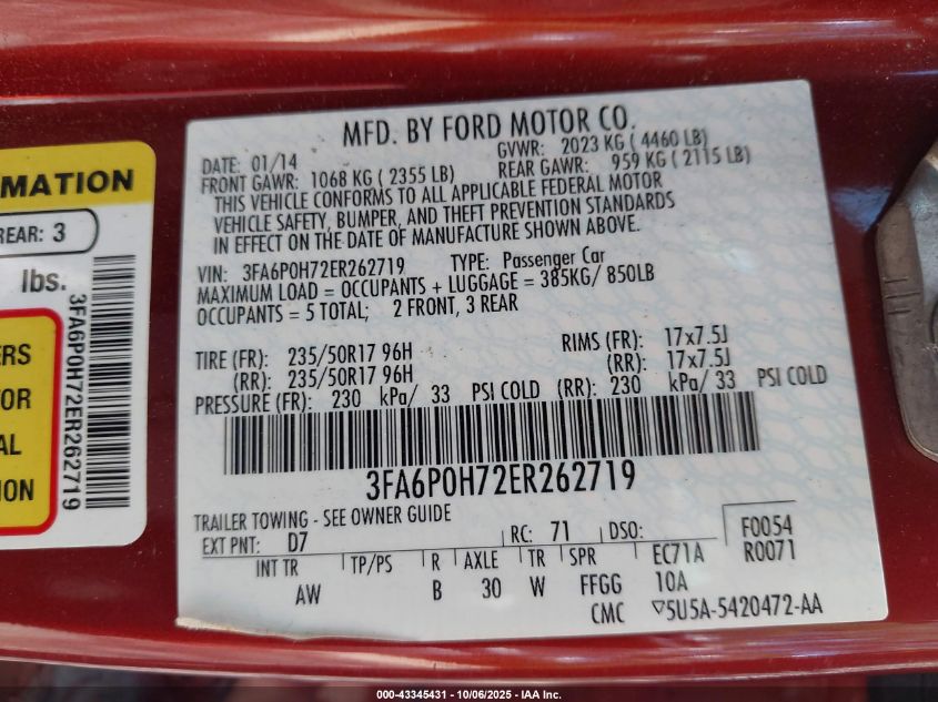 2014 Ford Fusion Se VIN: 3FA6P0H72ER262719 Lot: 43345431