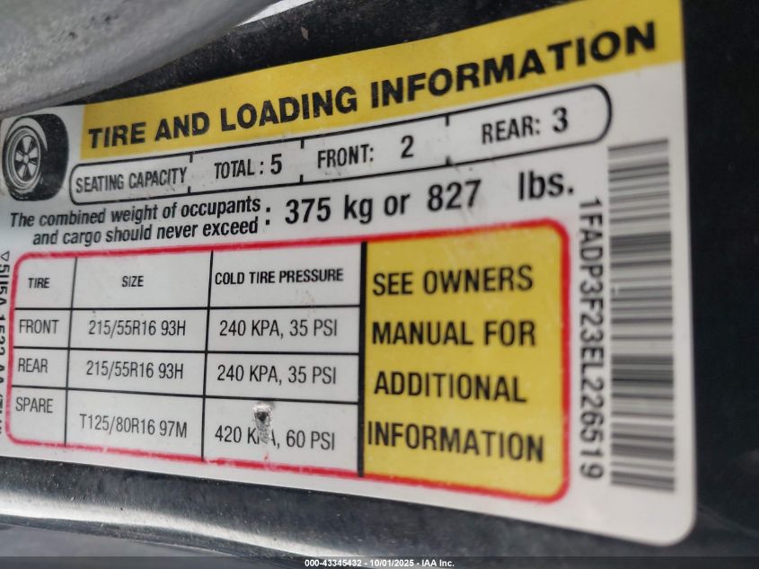 2014 Ford Focus Se VIN: 1FADP3F23EL226519 Lot: 43345432