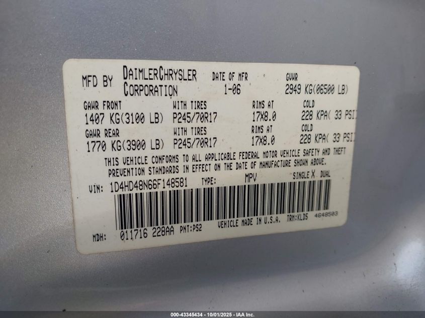 2006 Dodge Durango Slt VIN: 1D4HD48N66F148581 Lot: 43345434