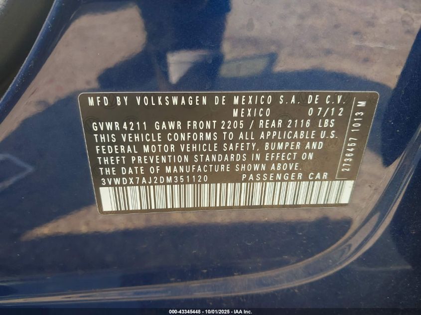 2013 Volkswagen Jetta 2.5L Se VIN: 3VWDX7AJ2DM351120 Lot: 43345448