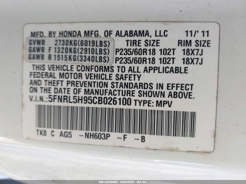 2012 Honda Odyssey Touring/Touring Elite VIN: 5FNRL5H95CB026100 Lot: 43345455