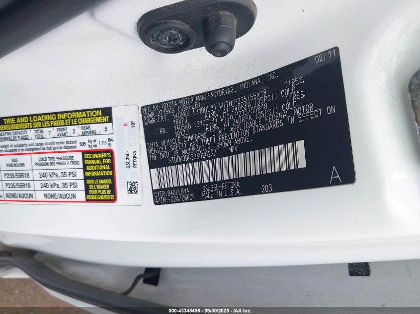 2011 Toyota Sienna Xle VIN: 5TDDK3DC3BS020227 Lot: 43345456