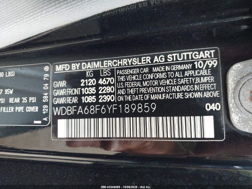 2000 Mercedes-Benz Sl 500 VIN: WDBFA68F6YF189859 Lot: 43345469