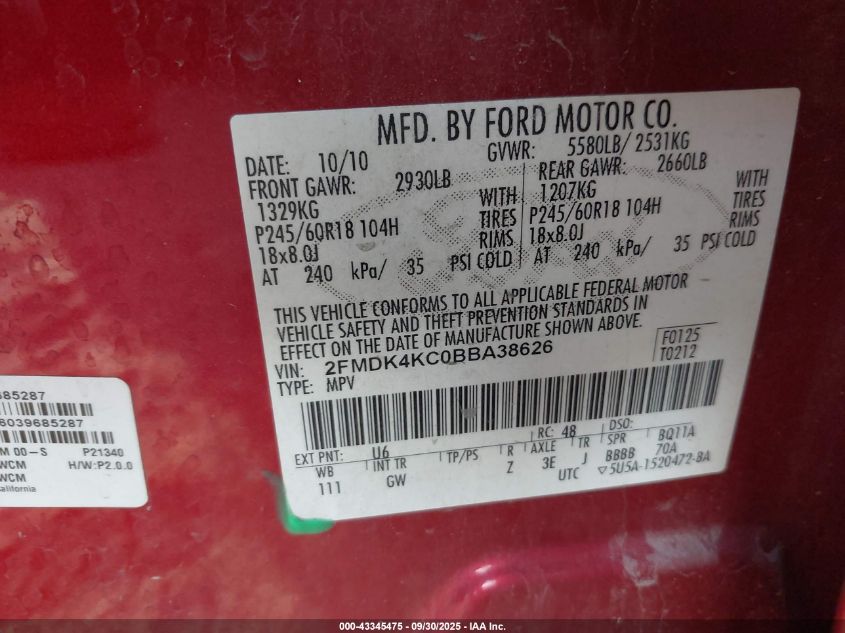 2011 Ford Edge Limited VIN: 2FMDK4KC0BBA38626 Lot: 43345475