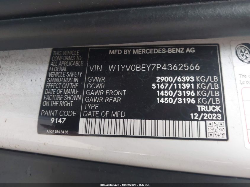 2023 Mercedes-Benz Metris VIN: W1YV0BEY7P4362566 Lot: 43345478