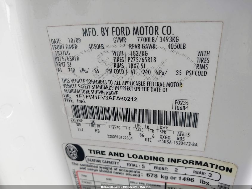 2010 Ford F-150 Fx4/Harley-Davidson/King Ranch/Lariat/Platinum/Xl/Xlt VIN: 1FTFW1EV3AFA60212 Lot: 43345480