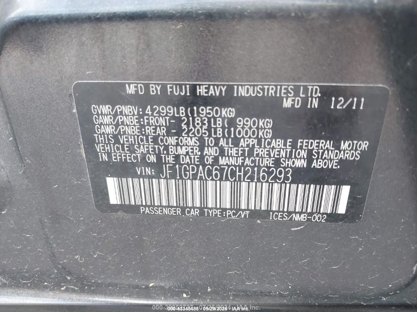 2012 Subaru Impreza 2.0I Premium VIN: JF1GPAC67CH216293 Lot: 43345486