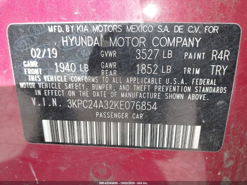 2019 Hyundai Accent Se VIN: 3KPC24A32KE076854 Lot: 43345495