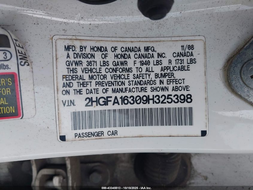 2009 Honda Civic Vp VIN: 2HGFA16309H325398 Lot: 43345513