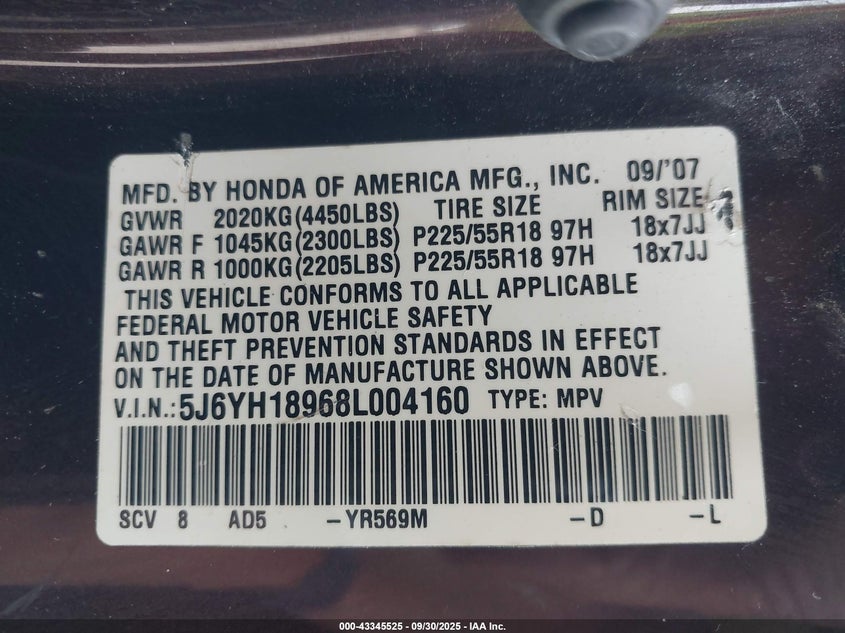 2008 Honda Element Sc VIN: 5J6YH18968L004160 Lot: 43345525