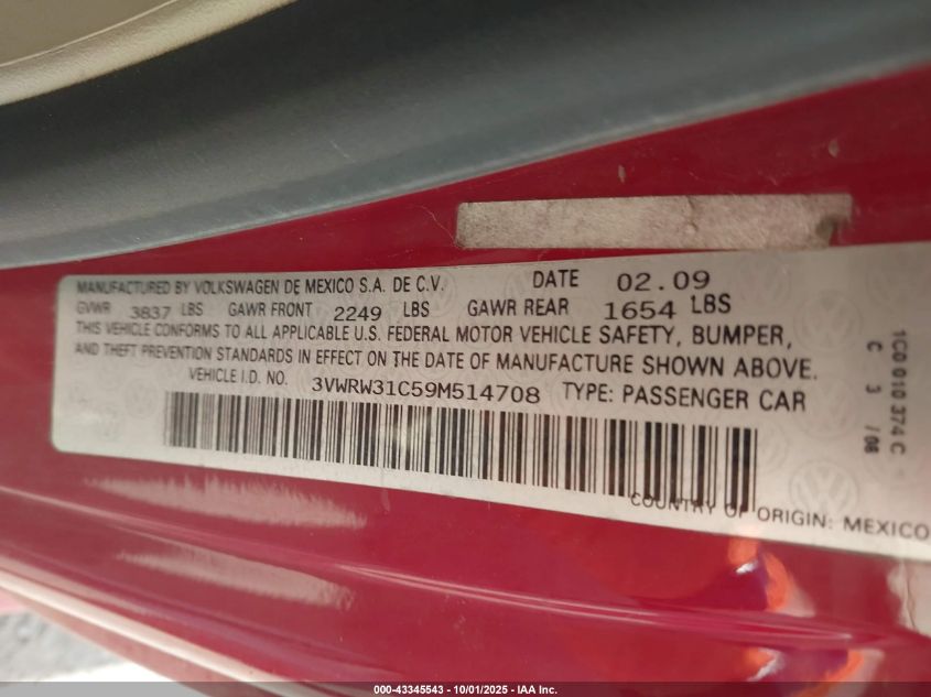 2009 Volkswagen New Beetle 2.5L VIN: 3VWRW31C59M514708 Lot: 43345543