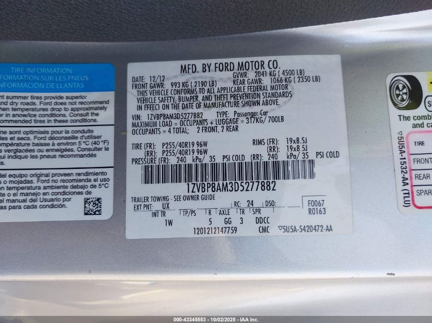 2013 Ford Mustang V6 VIN: 1ZVBP8AM3D5277882 Lot: 43345553