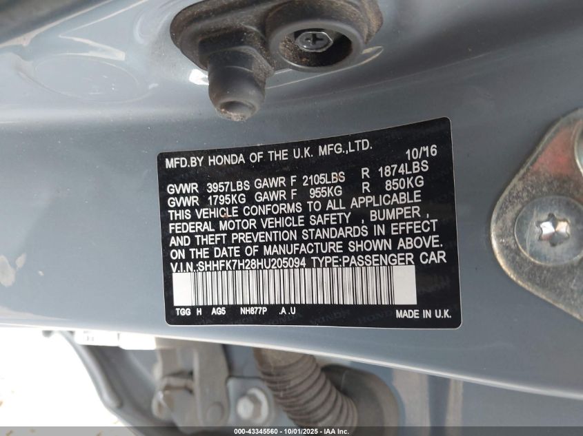 2017 Honda Civic Lx VIN: SHHFK7H28HU205094 Lot: 43345560