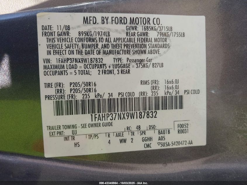 2009 Ford Focus Sel VIN: 1FAHP37NX9W187832 Lot: 43345564