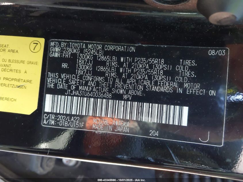 2004 Lexus Rx 330 VIN: JTJHA31U640036488 Lot: 43345566