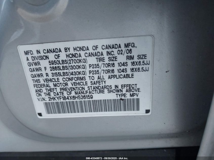 2006 Honda Pilot Ex VIN: 2HKYF184X6H526159 Lot: 43345572