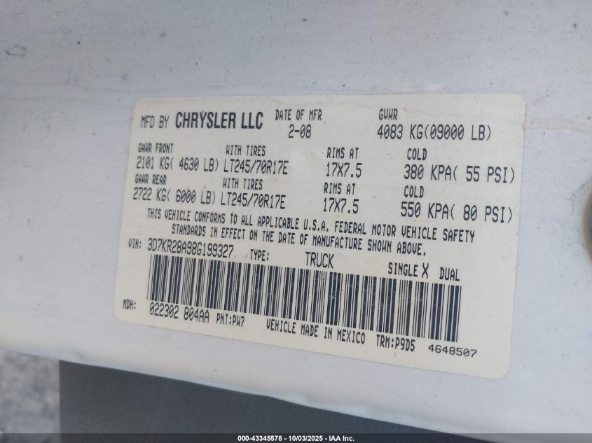 2008 Dodge Ram 2500 St/Sxt VIN: 3D7KR28A98G199327 Lot: 43345578