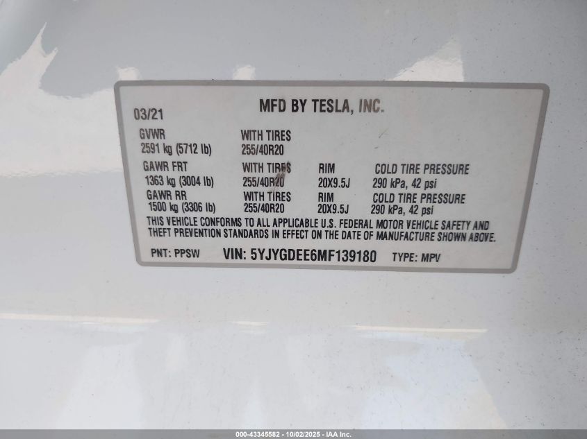 2021 Tesla Model Y Long Range Dual Motor All-Wheel Drive VIN: 5YJYGDEE6MF139180 Lot: 43345582