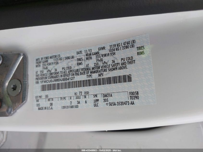 2013 Ford Escape Titanium VIN: 1FMCU0J98DUB84127 Lot: 43345583