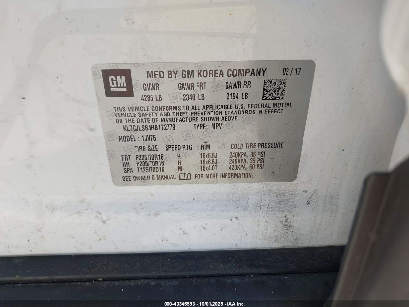 2017 Chevrolet Trax Lt VIN: KL7CJLSB4HB172779 Lot: 43345593