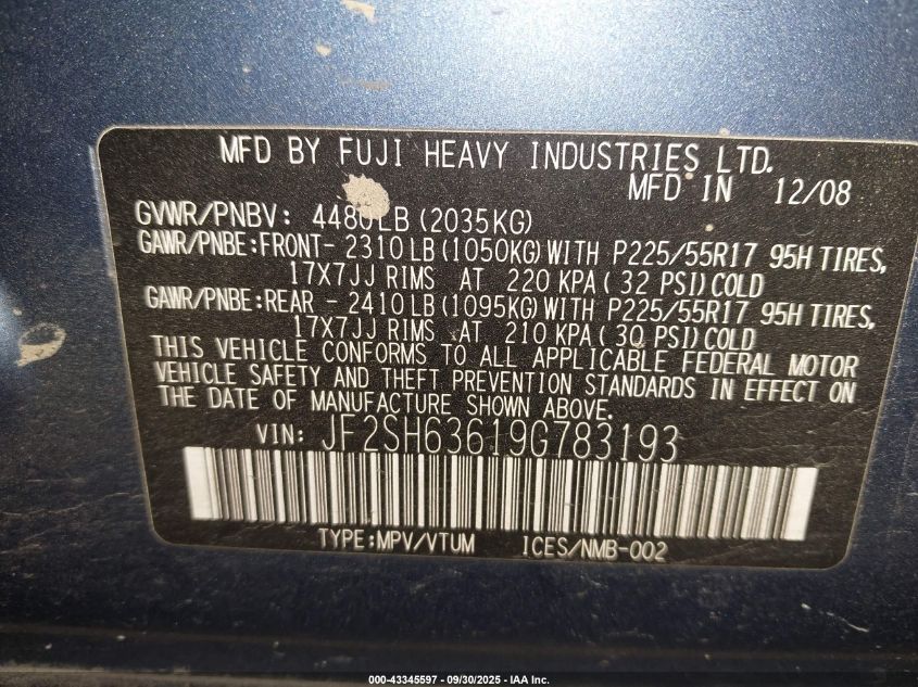 2009 Subaru Forester 2.5X VIN: JF2SH63619G783193 Lot: 43345597