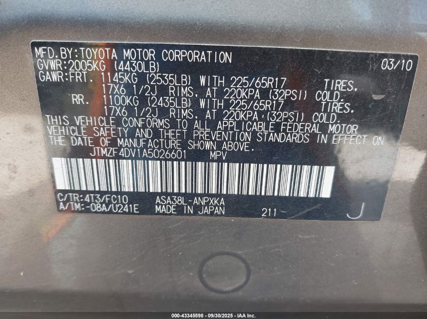 2010 Toyota Rav4 VIN: JTMZF4DV1A5026601 Lot: 43345598