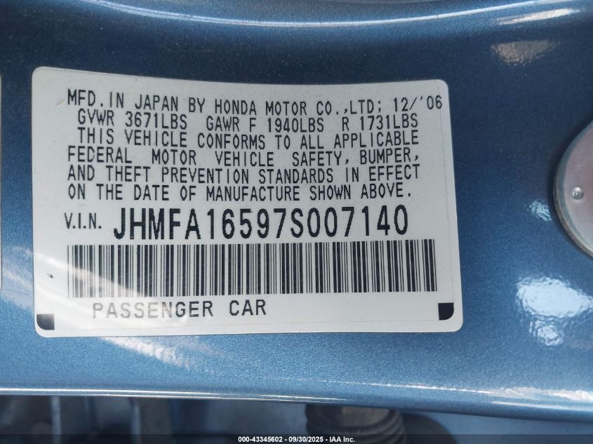 2007 Honda Civic Lx VIN: JHMFA16597S007140 Lot: 43345602