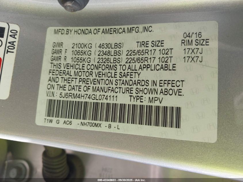 2016 Honda Cr-V Ex-L VIN: 5J6RM4H74GL074111 Lot: 43345603