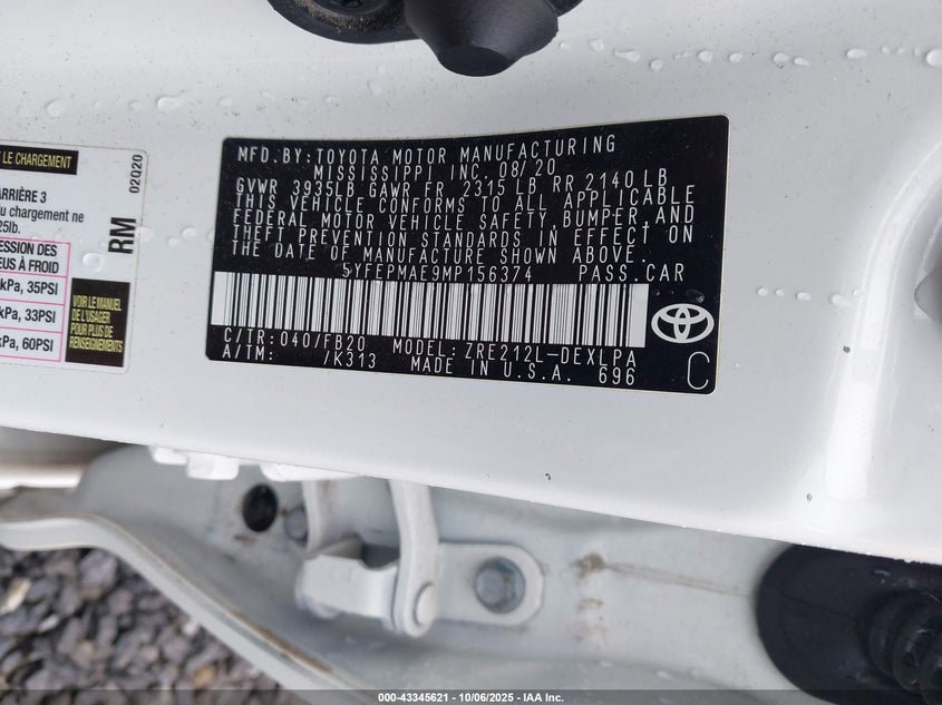 2021 TOYOTA COROLLA LE 5YFEPMAE9MP156374