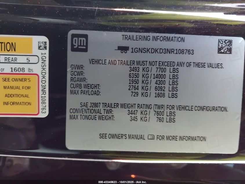 2022 Chevrolet Suburban 4Wd Z71 VIN: 1GNSKDKD3NR108763 Lot: 43345623