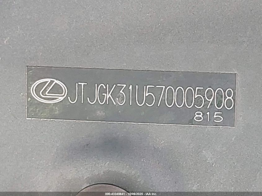 2007 Lexus Rx 350 VIN: JTJGK31U570005908 Lot: 43345641