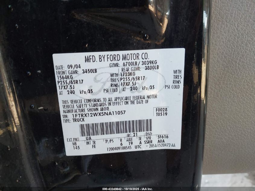 2005 Ford F-150 Stx/Xl/Xlt VIN: 1FTRX12WX5NA11057 Lot: 43345642