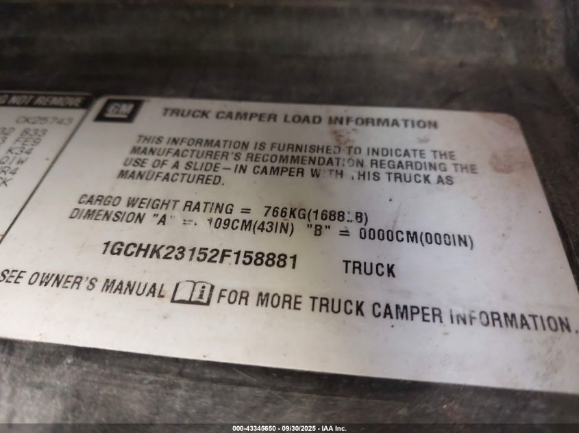 2002 Chevrolet Silverado 2500Hd Ls VIN: 1GCHK23152F158881 Lot: 43345650