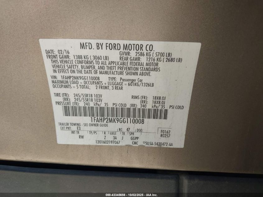 2016 Ford Police Interceptor VIN: 1FAHP2MK9GG110008 Lot: 43345656