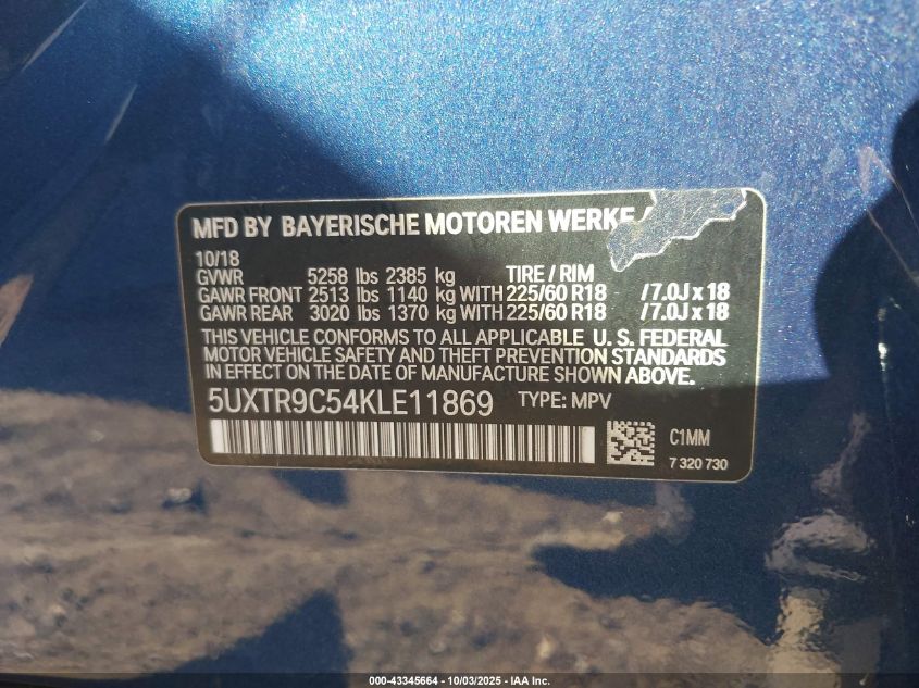 2019 BMW X3 xDrive30I VIN: 5UXTR9C54KLE11869 Lot: 43345664