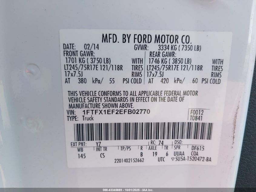 2014 Ford F-150 Xl VIN: 1FTFX1EF2EFB02770 Lot: 43345669