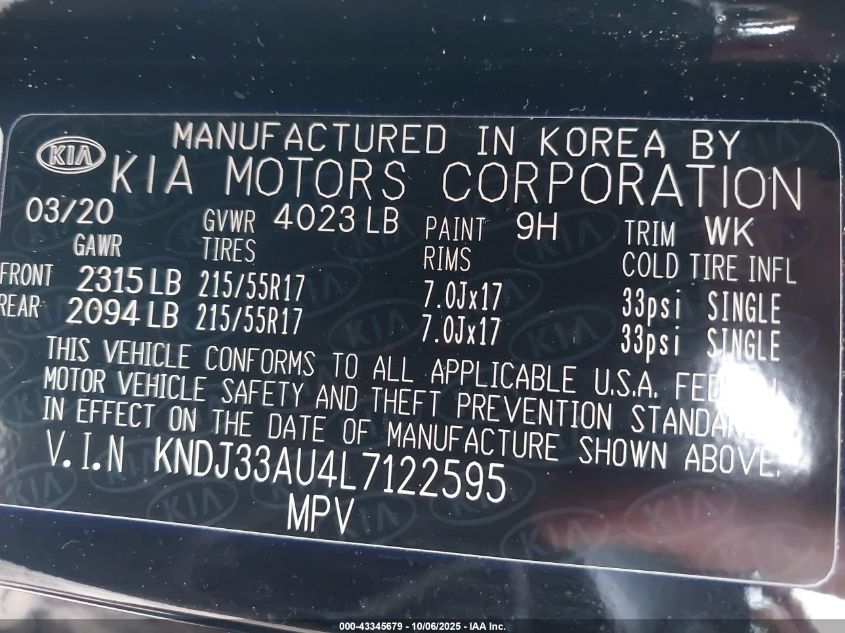 2020 Kia Soul Ex VIN: KNDJ33AU4L7122595 Lot: 43345679