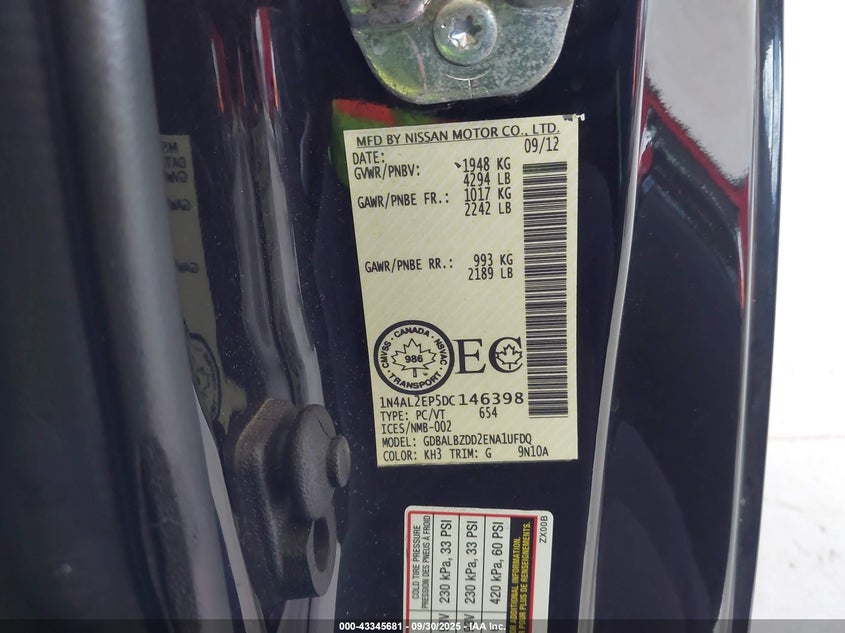 2013 Nissan Altima 2.5 S VIN: 1N4AL2EP5DC146398 Lot: 43345681